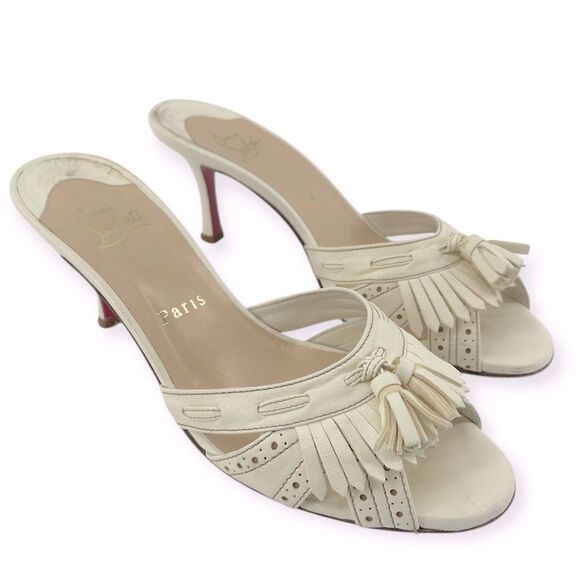 Christian Louboutin Fringe Peep Toe Mule Sandals Cream Leather EU 37.5 Heels - Picture 1 of 16